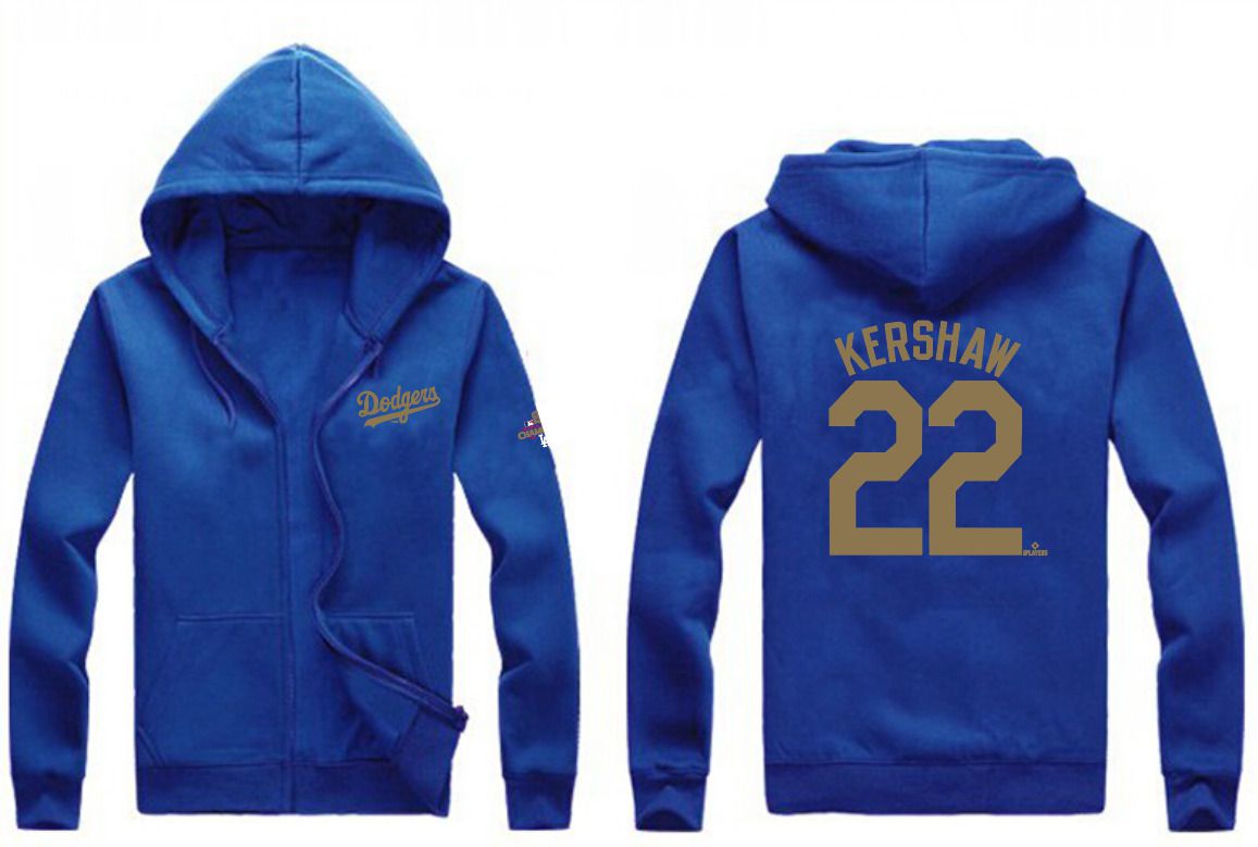 Men Los Angeles Dodgers 22 Kershaw Blue Zipper hoodie 2025 MLB Jersey style 1